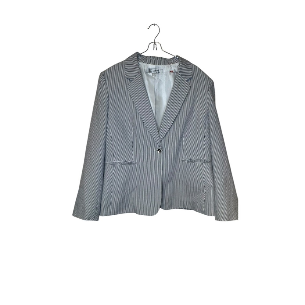Tahari Women Blazer Jacket 1-Button Seersucker Long Sleeve Striped Blue White 18